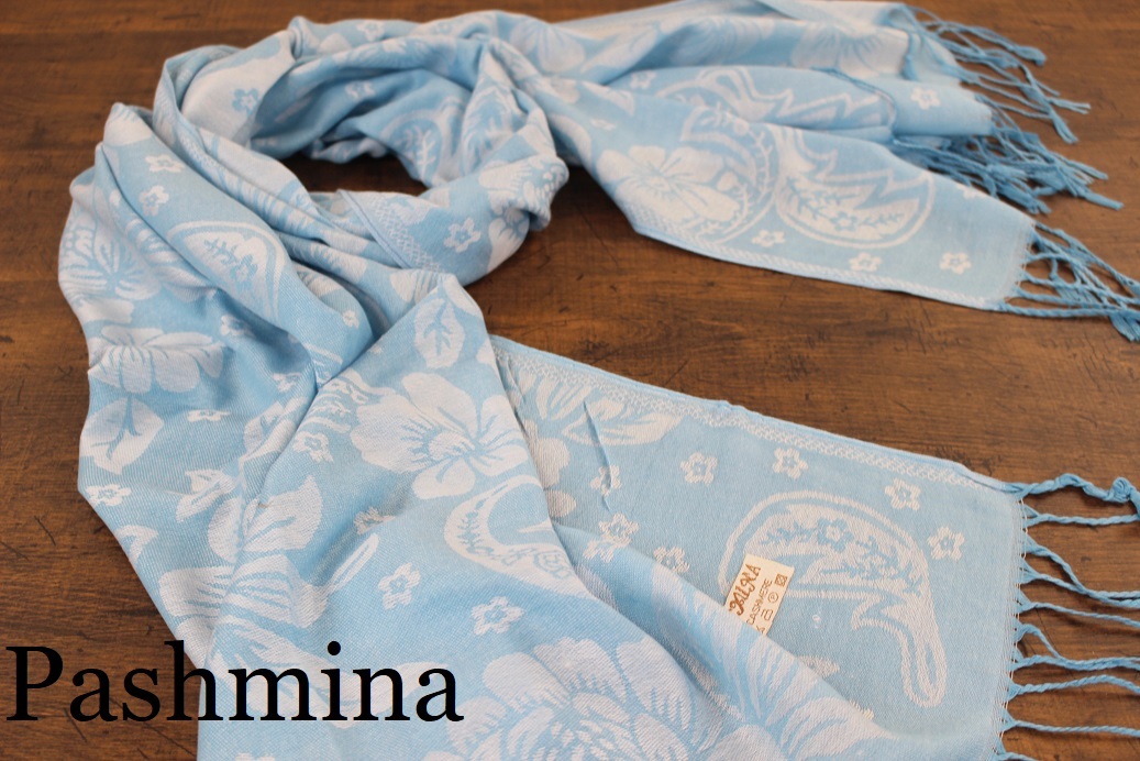 新品【パシュミナ Pashmina】華柄 ライトブルー 青 L.BLUE 大判 ストール カシミア100% Cashmere拍卖
