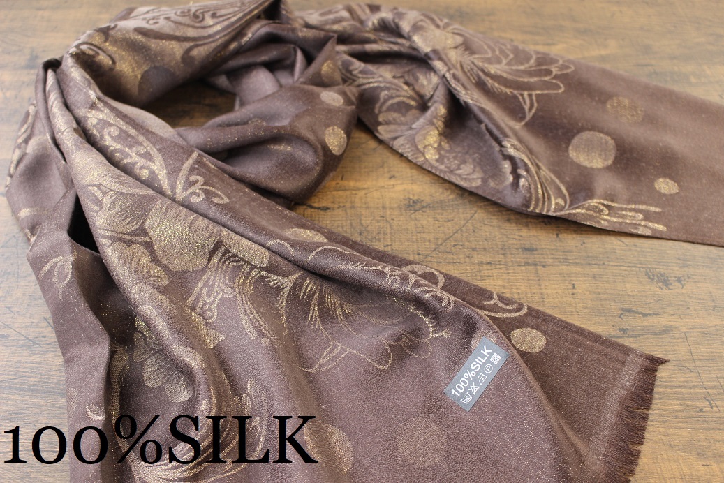 新品【シルク100% SILK】金糸混 ペイズリードット柄 ブラウン 茶色 BROWN 大判 ストール/スカーフ 拍卖