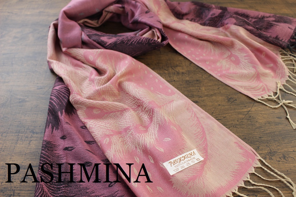 新品【パシュミナ Pashmina】フェザー柄 羽根 ピンク系グラデーション PINK 大判 ストール カシミア100% Cashmere 訳あり拍卖