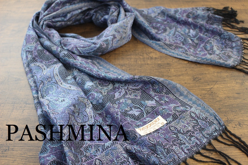 新品【パシュミナ Pashmina】ペルシャ柄 ブルーベリーカラー 大判 ストール カシミア100% Cashmere拍卖