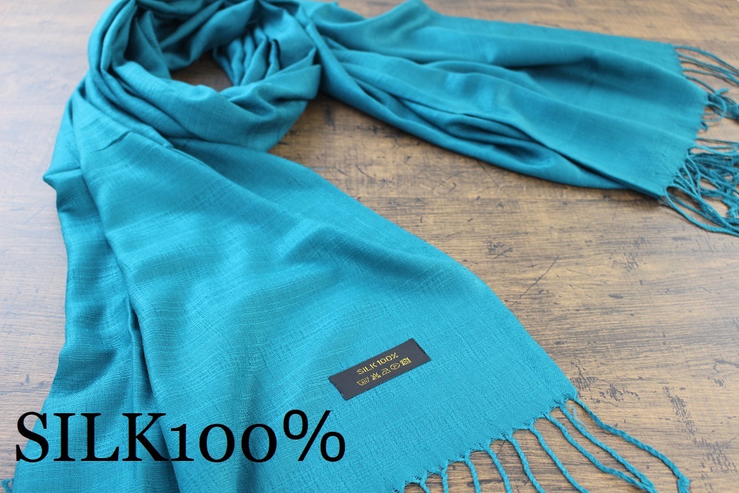新品【シルク100% SILK】無地 エメラルドグリーン E.GREEN 緑 Plain 大判 ストール拍卖