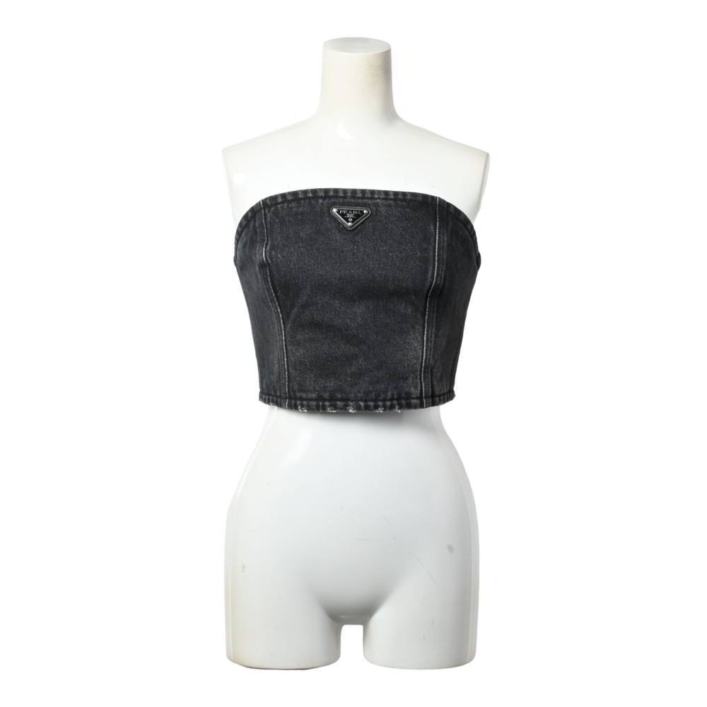 美品 PRADA 22SS デニム プラダ ロゴ ビスチェ トップ 38 グレー プラダ KL4BAQPL90拍卖