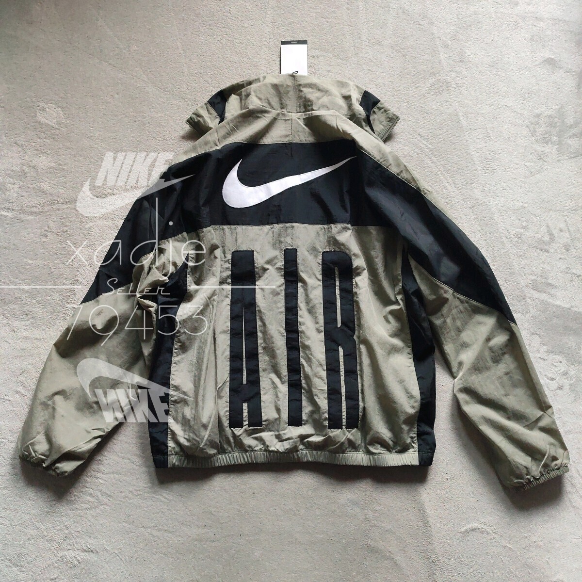 新品 正規品 NIKE AIR ナイキ ビッグスウッシュ ナイロン ジャケット ウィンドブレーカー 裏地メッシュ カーキ 黒 白 定価13640円 L拍卖