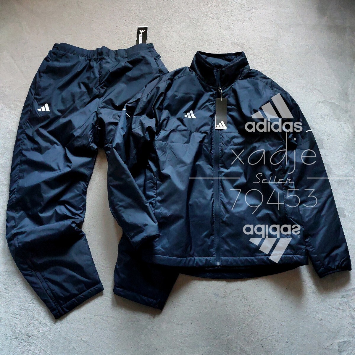 新品 正規品 adidas アディダス 上下セット 中綿入り ナイロン セットアップ 厚手 防寒 防風 紺 ネイビー 軽量 定価24200円 ゆるめ M拍卖