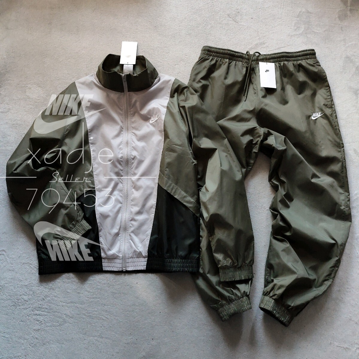 新品 正規品 NIKE ナイキ 上下セット ナイロン ジャケット パンツ セットアップ ウィンドブレーカー カーキ グレー 新作 定価14410円 XL拍卖