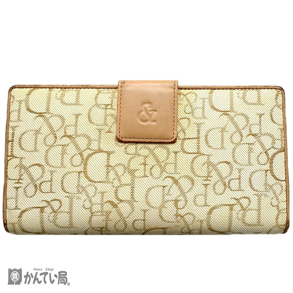 Pinky&Diana ピンキー&ダイアン 長財布 総柄 Wホック キャンバス レザー P&D ロゴ 大容量 白系×ベージュ系 三つ折り カード入れ沢山♪拍卖