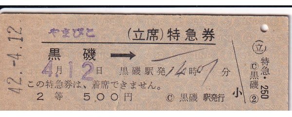 鉄道切符 硬券 やまびこ(立席)特急券(2等) 黒磯から拍卖