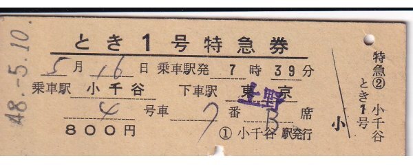 鉄道切符 硬券 とき 特急券 小千谷→上野 拍卖