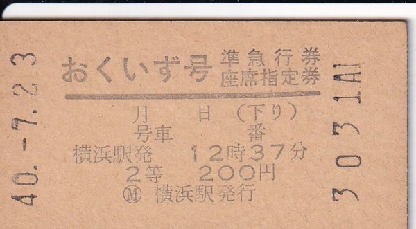 鉄道切符 硬券 おくいず号 準急行券/座席指定券(2等) 横浜駅発 下り 拍卖