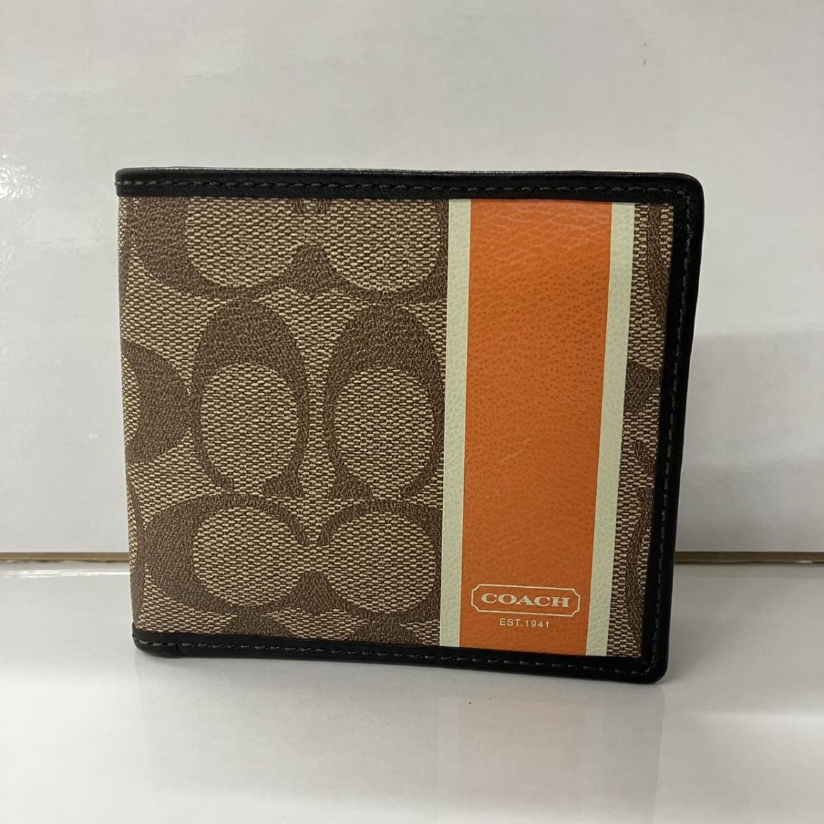 Z016-F7-878◎ COACH コーチ 二つ折り財布 シグネチャー ストライプ レザー ヘリテージ FF拍卖