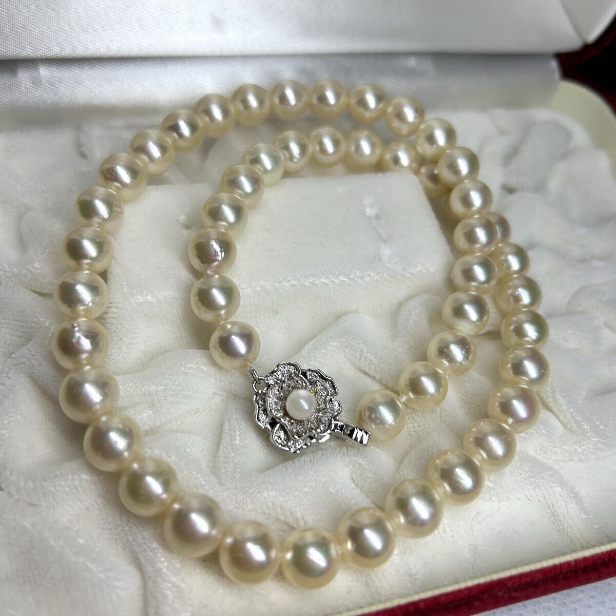 【テリ強】大珠 あこや真珠 アコヤ パール ネックレス pearl jewelry necklace 本真珠 シルバー金具 ホワイト オーロラ 8.1-8.4mm 44cm 42g拍卖