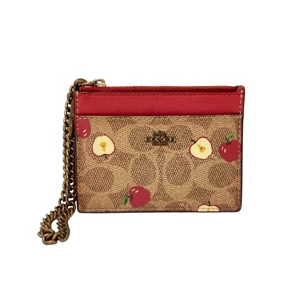 コーチ COACH パスケース 88258 シグネチャー柄 レザー ベージュ×ダークブラウン×レッド りんご/コインケース付き 財布拍卖