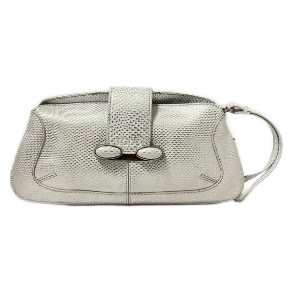 トッズ TOD'S クラッチバッグ - レザー 白×シルバー 型押し加工 バッグ拍卖