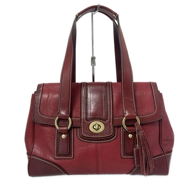 コーチ COACH ハンドバッグ 11332 シグネチャーエンボスターンロックフラップ レザー ボルドー タッセル バッグ拍卖
