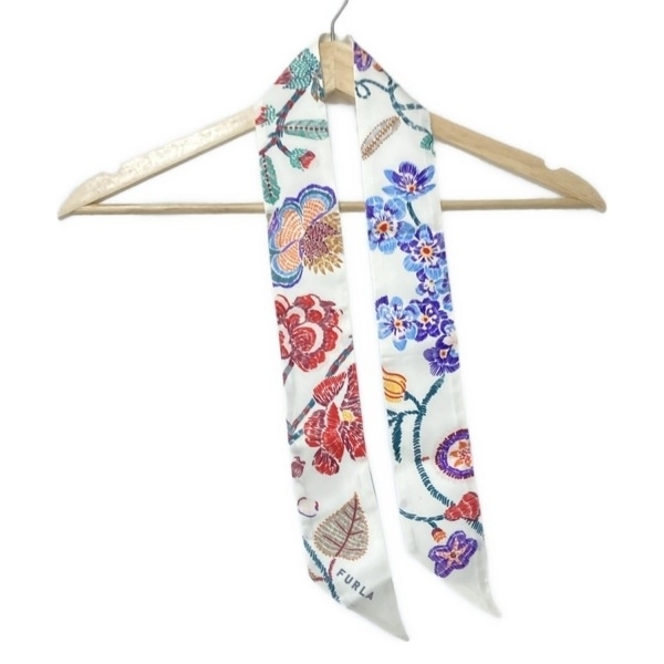 フルラ FURLA - 白×ダークグリーン×マルチ リボンスカーフ/花柄 美品 スカーフ拍卖