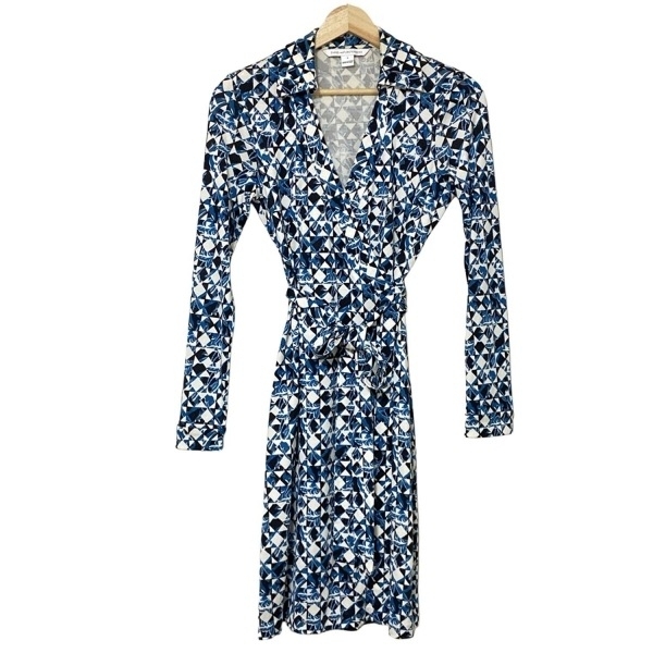 ダイアン・フォン・ファステンバーグ DIANE VON FURSTENBERG(DVF) サイズ4 S - ブルー×白×黒 レディース 長袖/ひざ丈 ワンピース拍卖