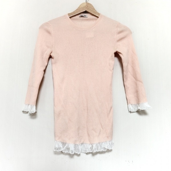 ミュウミュウ miumiu 七分袖カットソー サイズ38 S - ライトピンク×白 レディース レース トップス拍卖