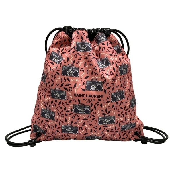 サンローランパリ SAINT LAURENT PARIS リュックサック/バックパック 553919 テディ レザー ピンク×黒 巾着型/ラジカセ柄 美品 バッグ拍卖