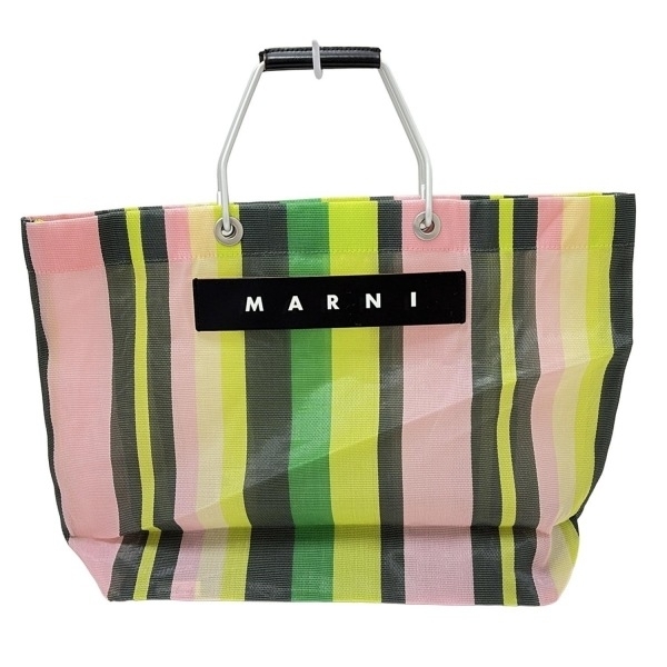 マルニ MARNI トートバッグ マーケット ストライプ バッグ レザー ライトピンク×グレー×マルチ ストライプ 美品 バッグ拍卖