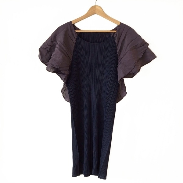 プリーツプリーズ PLEATS PLEASE サイズ3 L - パープル×ネイビー レディース 半袖/ひざ丈/フリル ワンピース拍卖