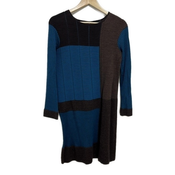 ヒロココシノ HIROKO KOSHINO サイズ38 M - ブルー×ダークブラウン×ブラウン レディース クルーネック/長袖/ひざ丈 ワンピース拍卖