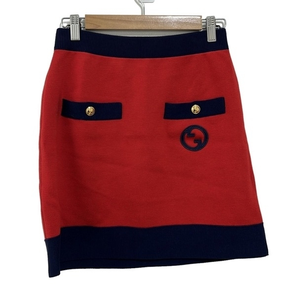 グッチ GUCCI ミニスカート サイズM 742952 XKC76 - レッド×ダークネイビー レディース ボトムス拍卖