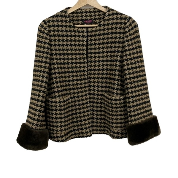 ユキトリイ YUKITORII サイズ38 M - ベージュ×黒×マルチ レディース 長袖/ニット/袖口フェイクファー/秋/冬 ジャケット拍卖