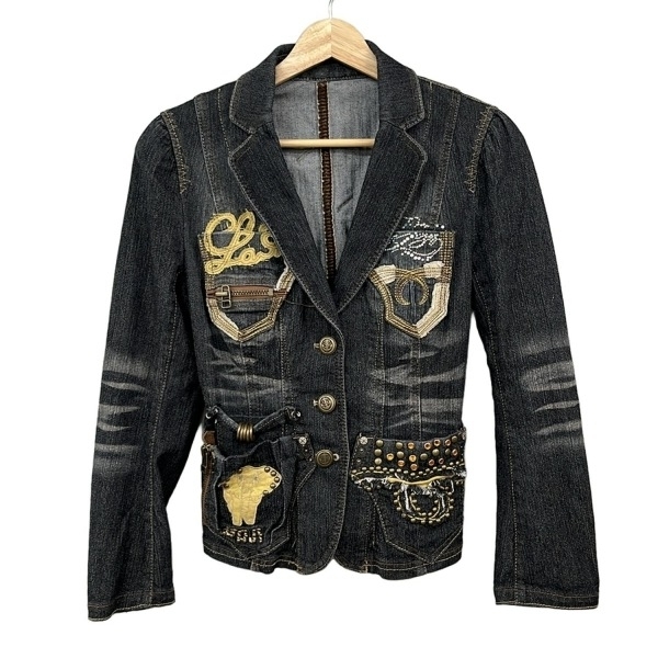 イタリヤ 伊太利屋/GKITALIYA サイズ9 M ダークネイビー×ブラウン×ゴールド レディース 長袖/デニム/刺繍/ビジュー/春/秋 美品拍卖