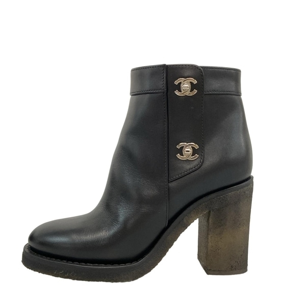 シャネル CHANEL ショートブーツ 37 1/2 C G31285 レザー 黒 レディース ココマーク/シルバー金具/ターンロック 靴拍卖
