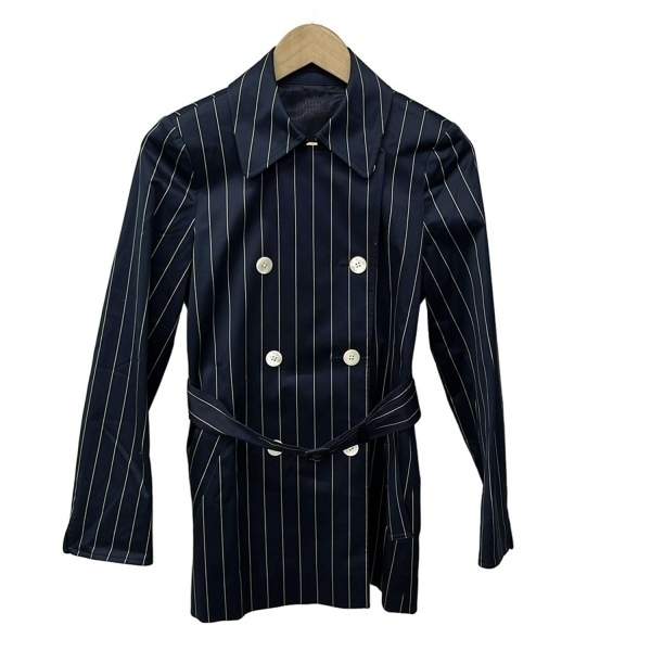 アクアスキュータム Aquascutum サイズ8 M - ダークネイビー×ライトグリーン レディース 長袖/ストライプ/ダブル/春/秋 美品 コート拍卖