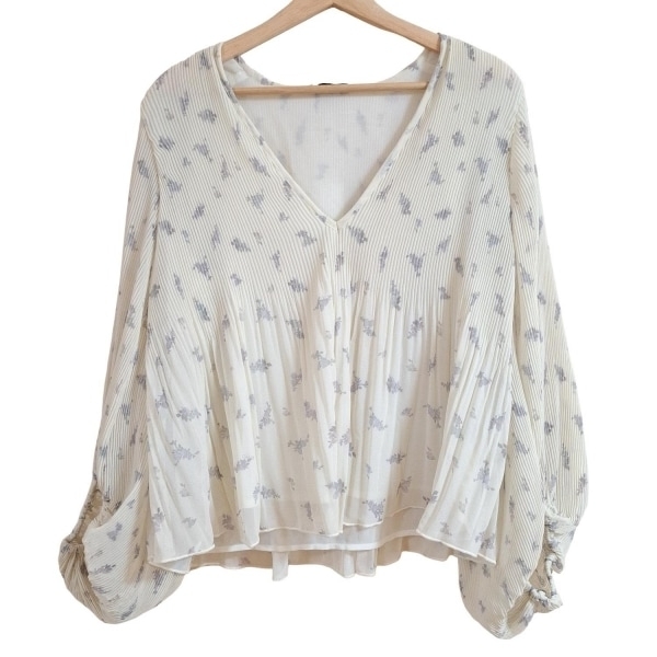 ガニー GANNI 長袖カットソー サイズ38 M - アイボリー×パープル×マルチ レディース Vネック/花柄/プリーツ 新品同様 トップス拍卖