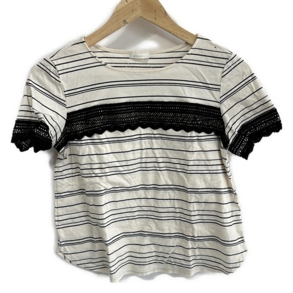 アマカ AMACA 半袖カットソー サイズ40 M - アイボリー×黒 レディース クルーネック/ボーダー/レース 美品 トップス拍卖