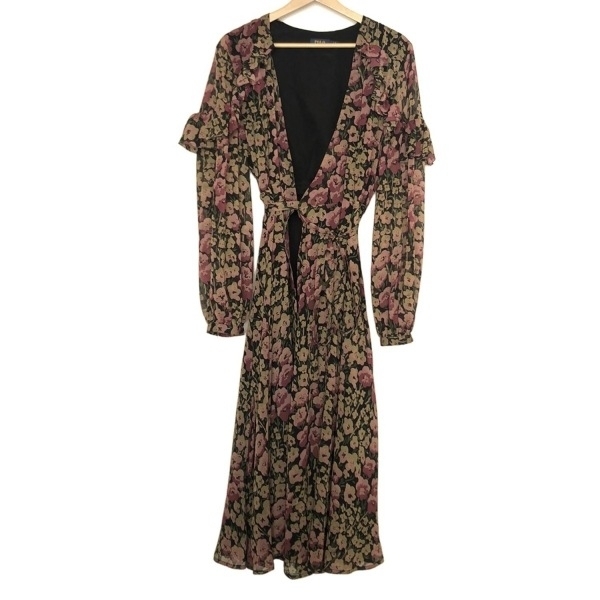 ポロラルフローレン POLObyRalphLauren サイズ14 XL - 黒×ボルドー×マルチ レディース 長袖/ロング/花柄/シースルー/フリル ワンピース拍卖