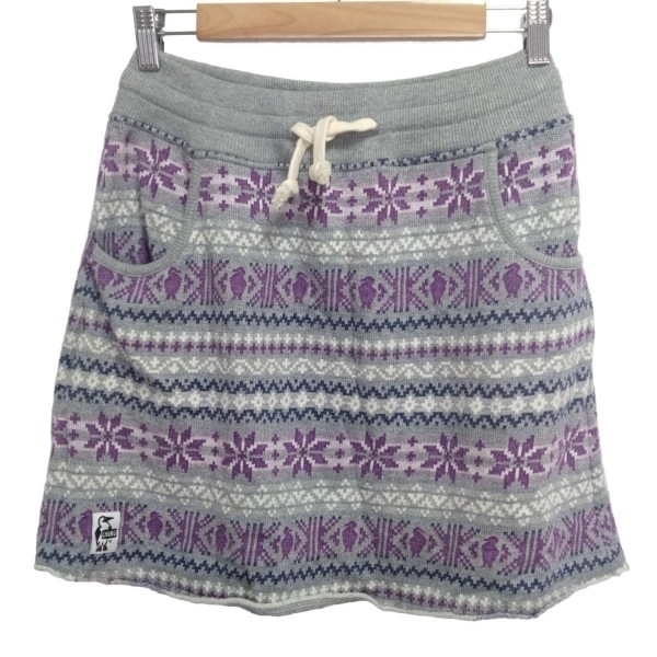 チャムス CHUMS スカート サイズM - ライトグレー×パープル×マルチ レディース ひざ丈/ニット/ウエストゴム ボトムス拍卖
