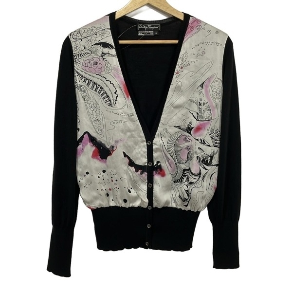 サルバトーレフェラガモ FERRAGAMO/SalvatoreFerragamo カーディガン サイズM - 黒×白×マルチ レディース 長袖 トップス拍卖