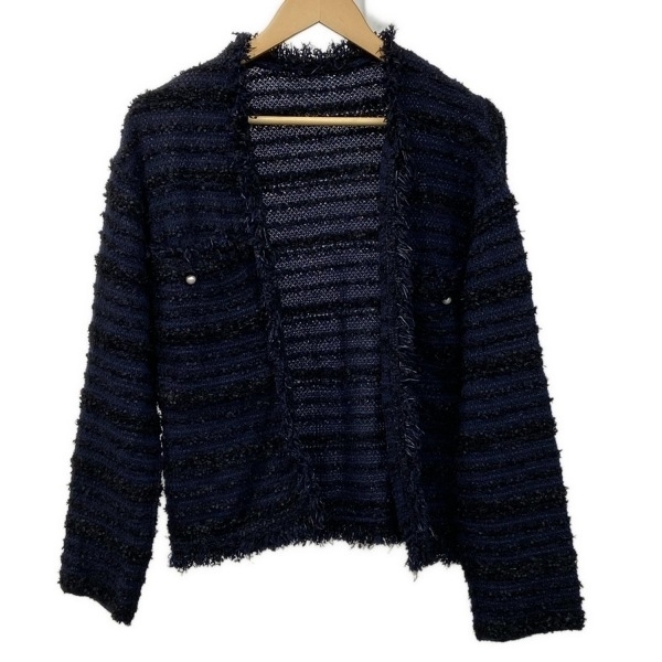 ソージュ SOEJU サイズF - ダークネイビー×黒 レディース 長袖/ツイード/ボーダー/パール/春/秋 美品 ジャケット拍卖