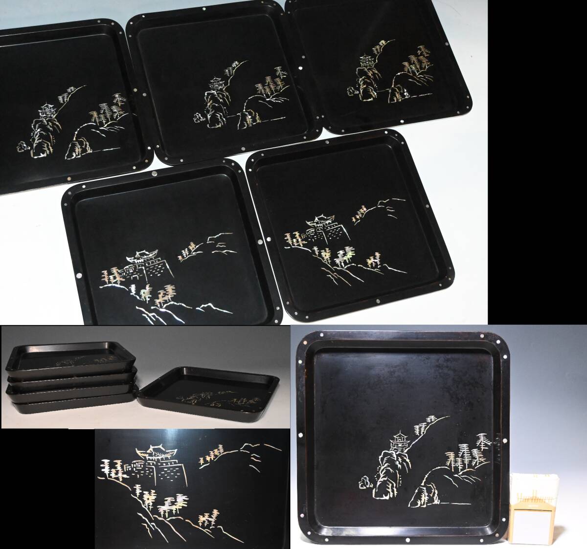 朝鮮美術 螺鈿細工 山水楼閣図 図替 二種 五客 螺鈿漆器 黒漆螺鈿 漆器 漆芸 角盆 御膳 会席膳 茶道具 検:金剛山 海市商会 李王家 京城拍卖
