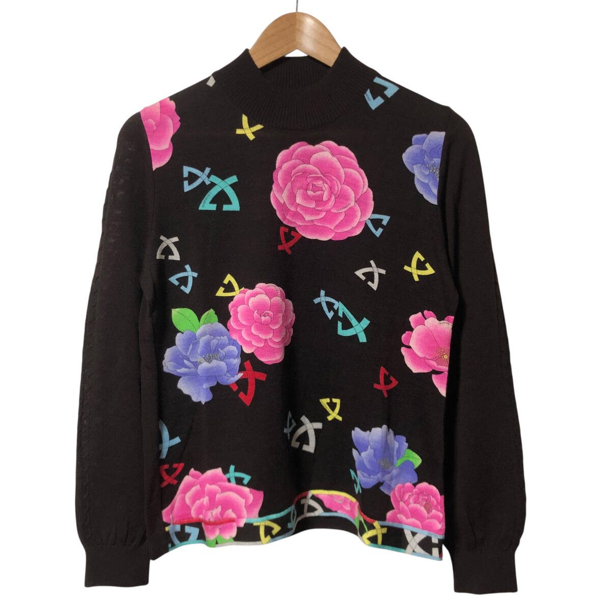 LEONARD SPORT レオナール モックネック ニット セーター 花柄 42 ブラウン ウール 長袖 レディース A5拍卖