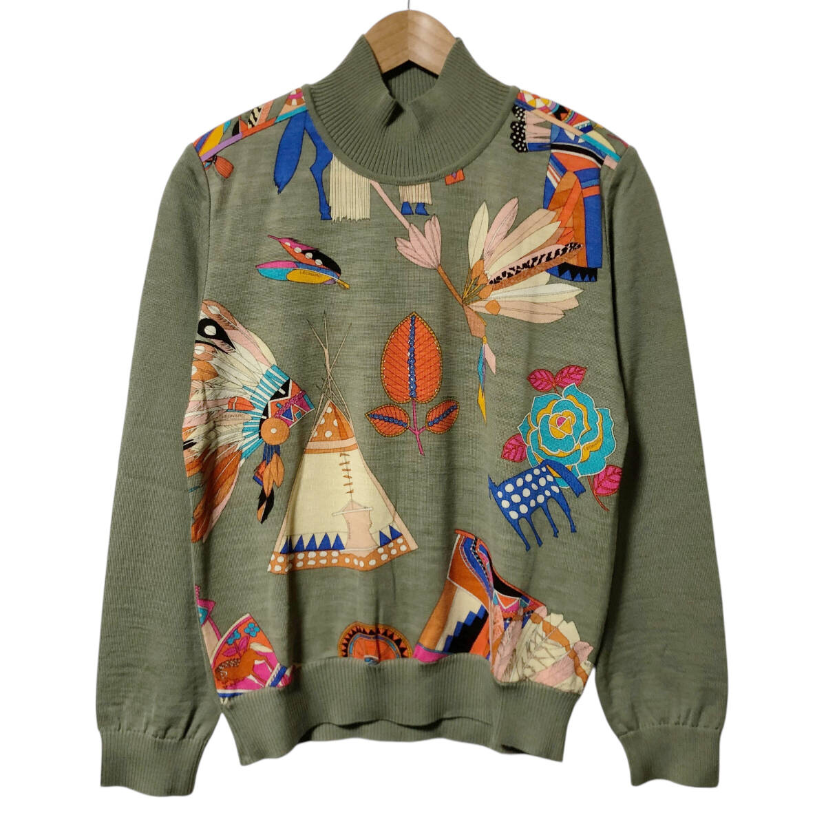 LEONARD SPORT レオナール 総柄 花柄 ハイネック ニット セーター 42 グリーン系 ウール 長袖 レディース A5拍卖