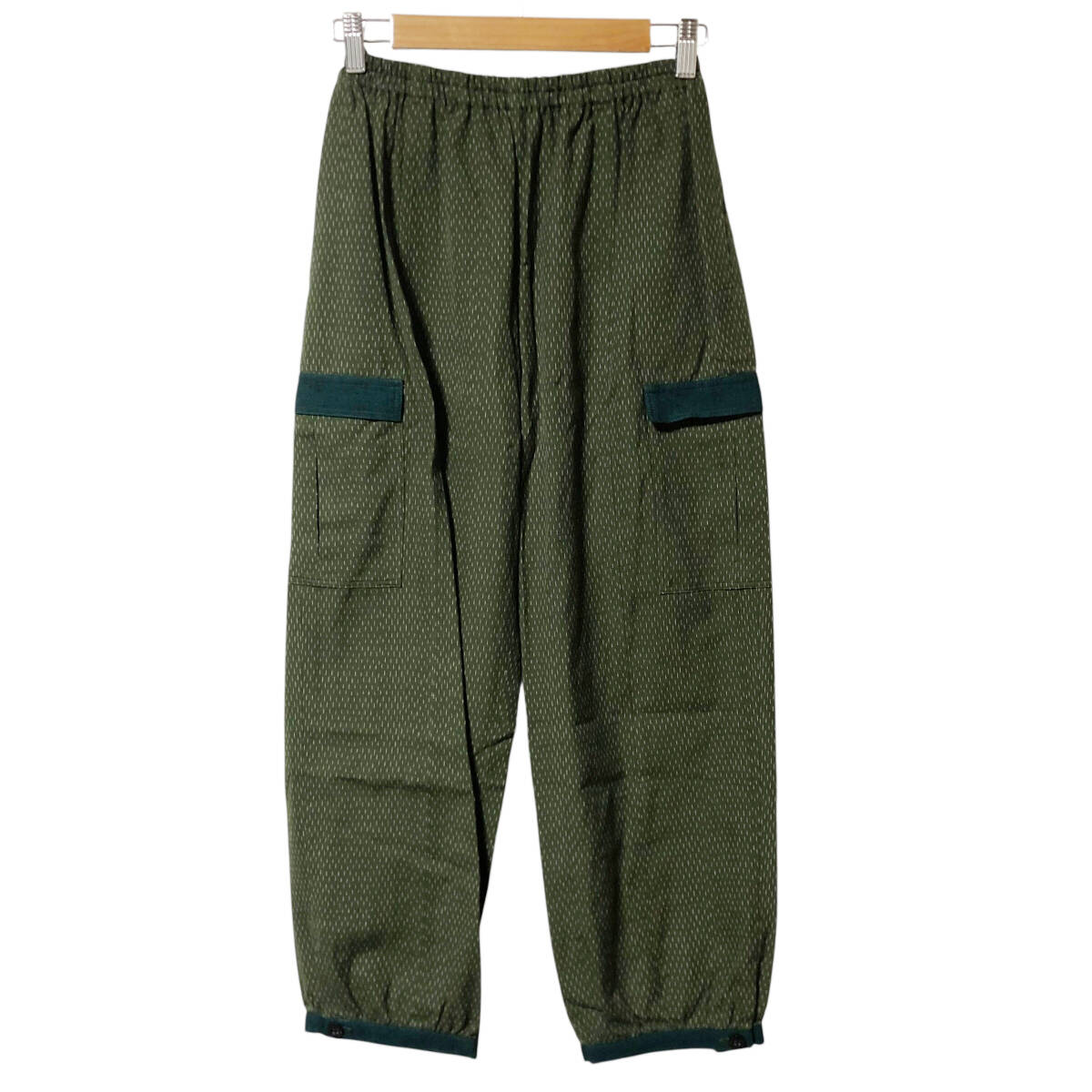 儀右ヱ門 ギエモン イージーパンツ 片羽アラレ M~L カーキ コットン 総柄 久留米絣 オカモト商店 レディース A16拍卖