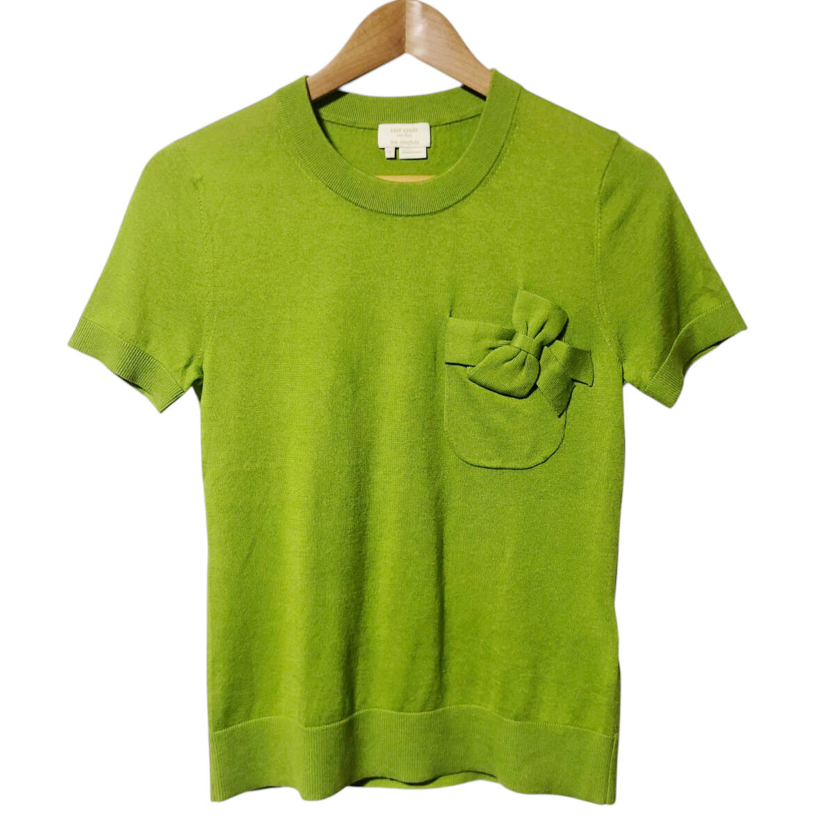 Kate spade ケイトスペード シルク コットン ニット 半袖 リボン ポケット S 黄緑 レディース A1拍卖