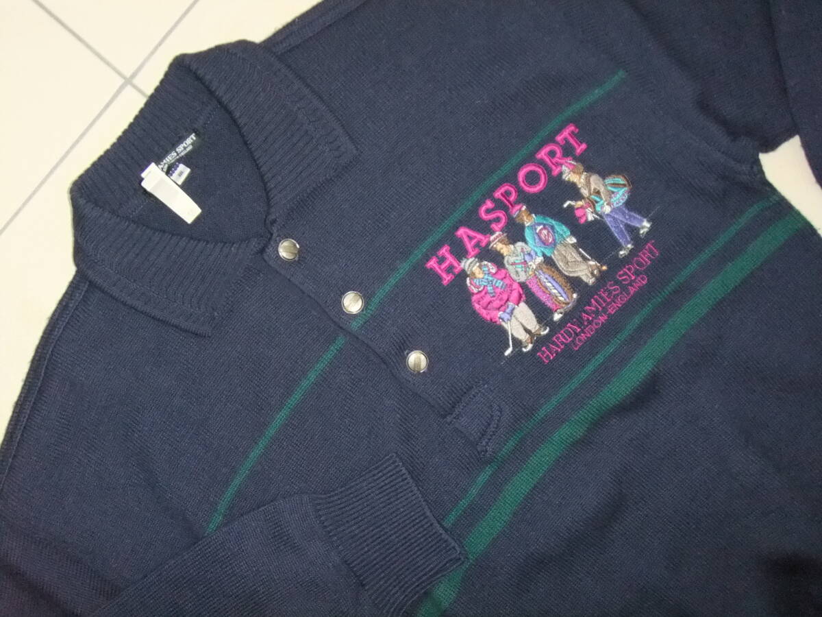 HARDY AMIES SPORT ハーディ エイミス スポーツ◆3◆ゴルフ刺繍&ビック文字刺繍ウール100%素材長袖ポロセーター◆日本製 クリーニング済み拍卖