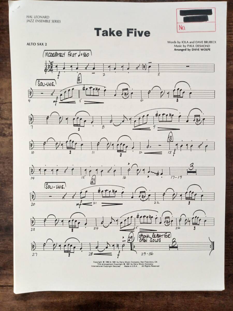 送料無料 ビッグバンド楽譜 デイヴ・ブルーベック:テイク・ファイブ デイブ・ウォルプ編 試聴・スコア閲覧可 パート譜のみ(欠品あり)拍卖