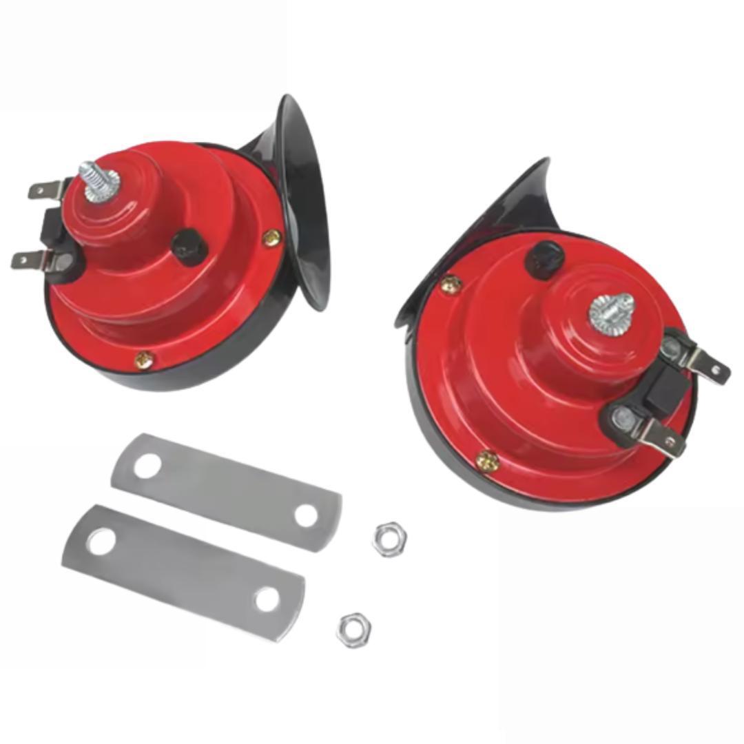 12V ヨーロピアンホーン 赤 2個セット 110dB クラクション 510Hz 410Hz トラック デコトラ バス 汎用 電子ホーン 管理P3拍卖