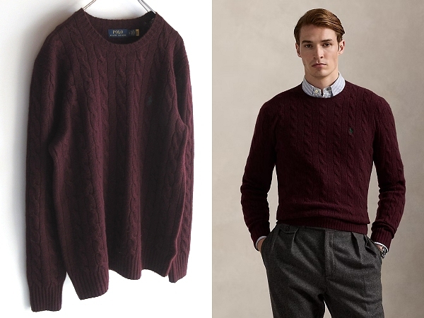 現行 QRコードタグ POLO RALPH LAUREN ラルフローレン ポロポニーロゴ刺繍 ケーブルニット ウールカシミヤ セーター S ワイン 国内正規品拍卖