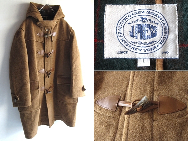 J.PRESS ジェイプレス チンスト付 裏チェック ダブルフェイス ウールメルトン レザー/水牛トグル ダッフルコート L キャメル オンワード拍卖