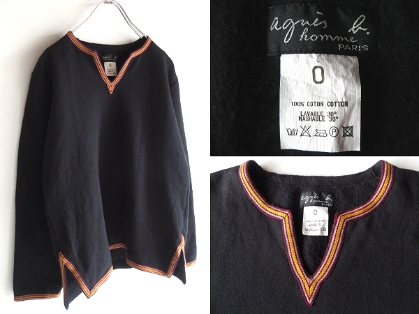 90s-00sビンテージ agnes b. homme アニエスベーオム チロリアンテープデザイン キーネック スウェット トレーナー 0 黒 ブラック 日本製拍卖