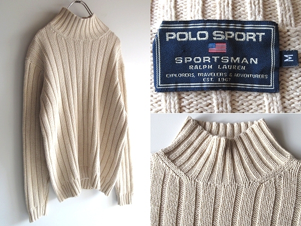 希少 90sビンテージ POLO SPORT RALPH LAUREN ポロスポーツ ラルフローレン コットンリネン ワイドリブ ハイネックニット M エクリュ 生成拍卖