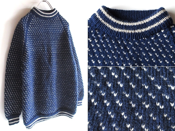 希少 ビンテージ ユーロ古着 バーズアイニット セーター メンズS-M程度 ブルー ホワイト 青 白 ハンドニット EURO VINTAGE 男女着用可拍卖