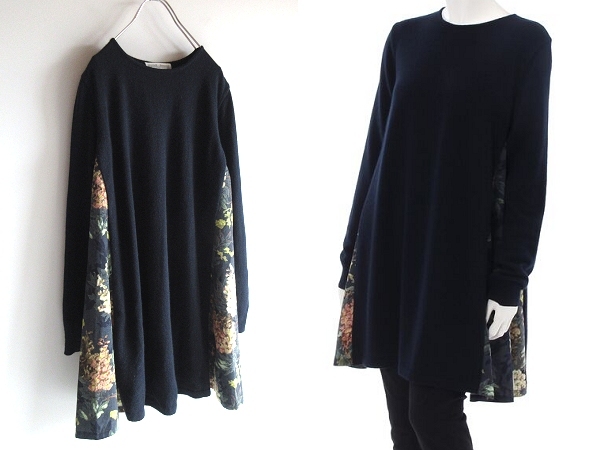 BEARDSLEY ビアズリー フラワー柄/花柄サイドプリント 切替 ウールアンゴラ混 ニット チュニック FREE ネイビー 紺 定価23100円拍卖